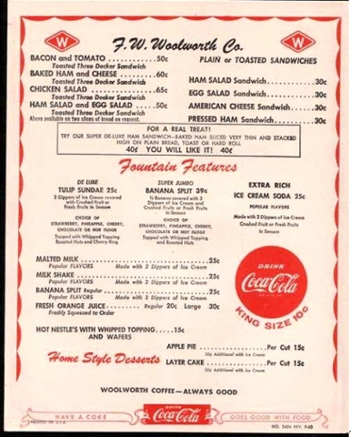 1957 Sandwich menu from Woolworths. Imagine 